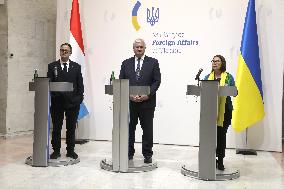 Press conference of Andrii Sybiha, Xavier Bettel and Yuriko Backes in Kyiv